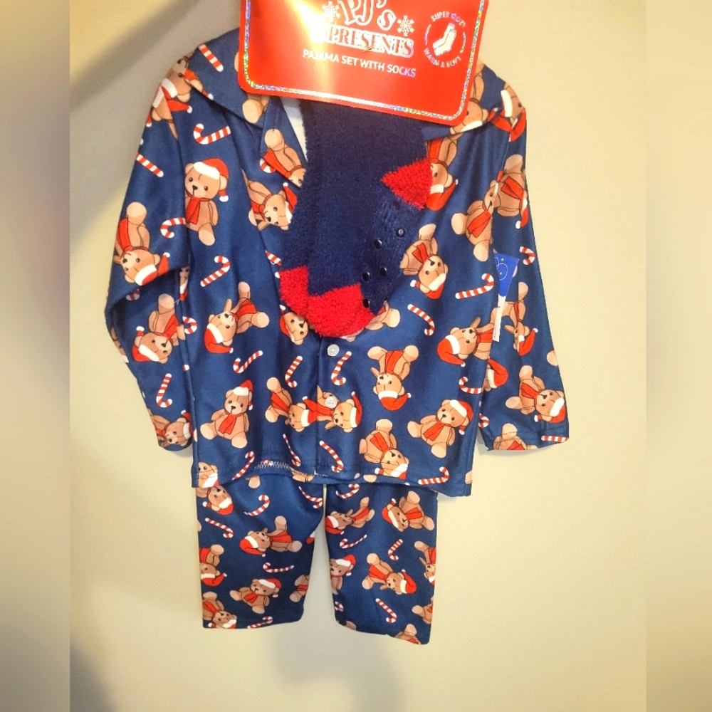 Kids Teddy Bear Holiday Pajama Set with Socks